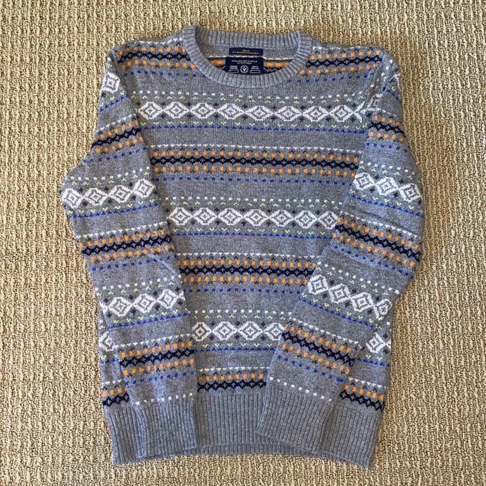 American Eagle Patterned Gray Striped Sweater - M - image 1